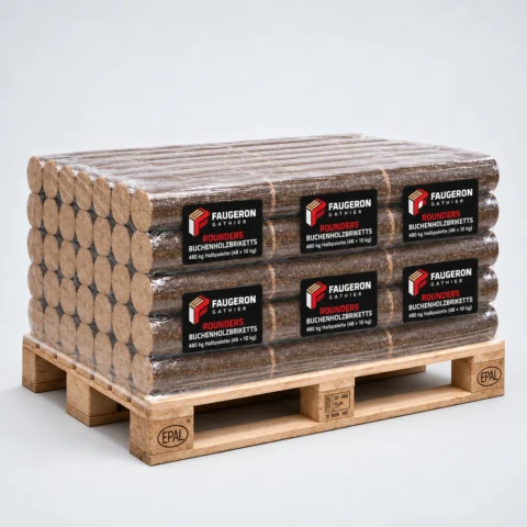 Buchenholzbriketts rund – Rounders 480 kg Halbpalette (48 × 10 kg)