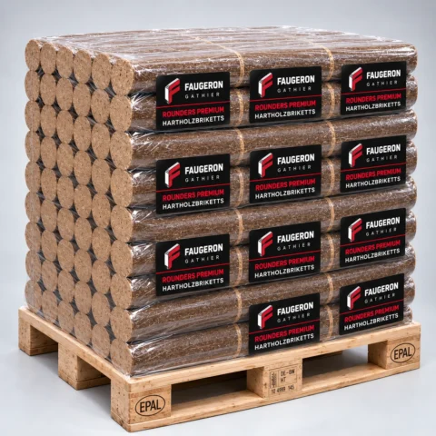 Buchenholzbriketts rund – Rounders 960 kg Palette (96 × 10 kg)