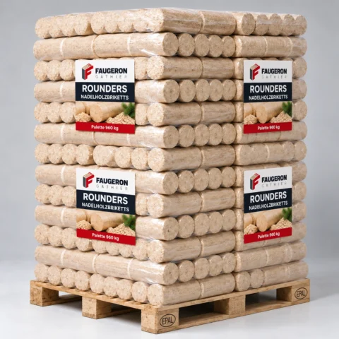 Nadelholzbriketts rund – Rounders 960 kg Palette (96 × 10 kg)