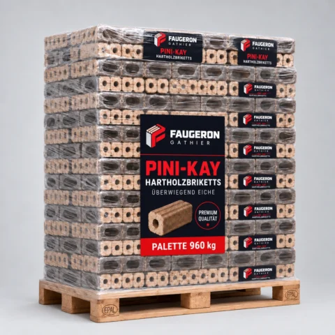 Pini-Kay Hartholzbriketts – überwiegend Eiche, 960 kg Palette (96 × 10 kg)