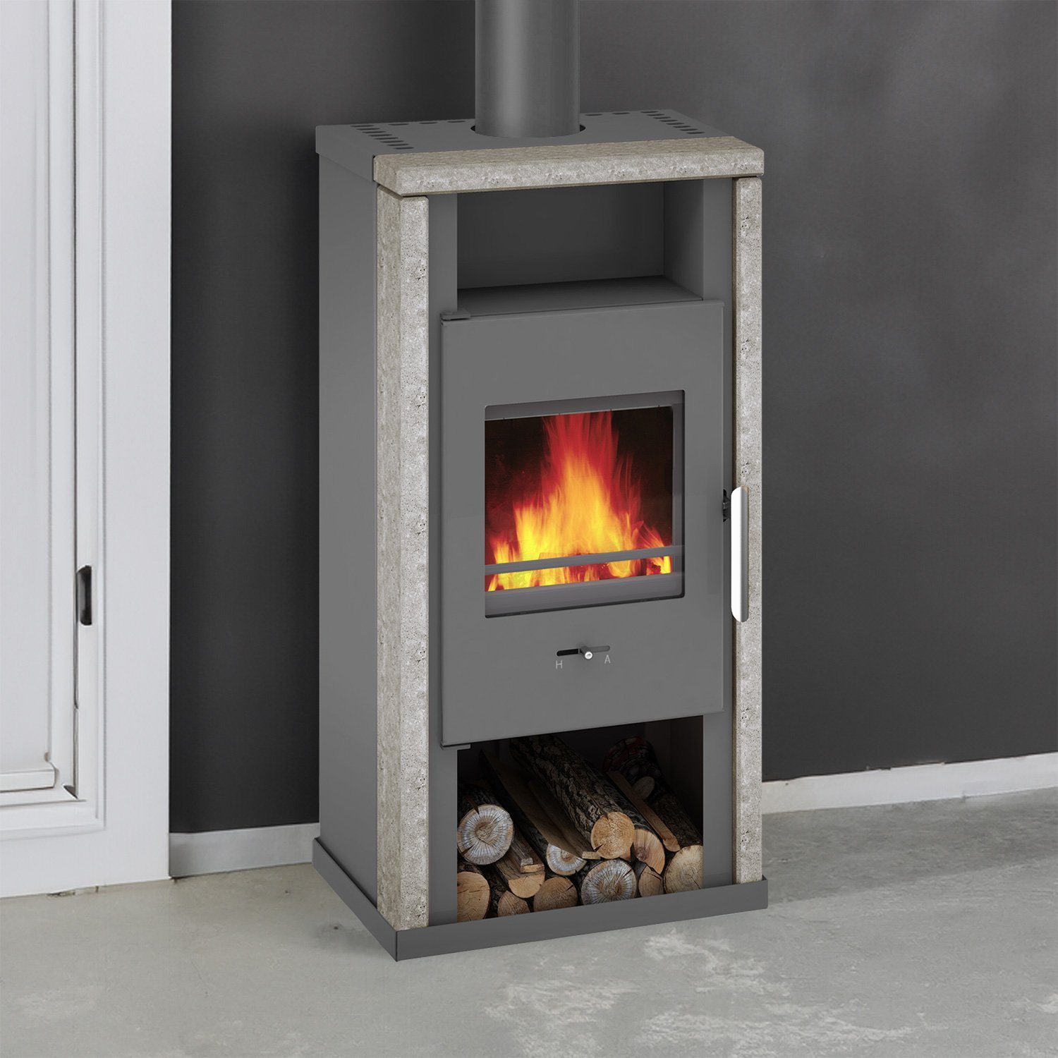 Wamsler Yuna Dauerbrandofen 6 kW – Naturstein Serpentino, Korpus Stahl Grau – Bild 6